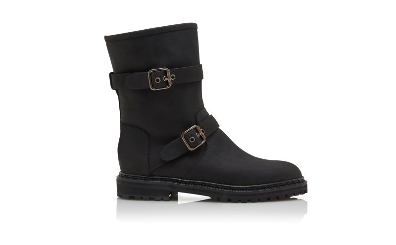 Side view of Sulaltrosa, Black Nubuck Dual Buckle Ankle Boots  - US$1,495.00