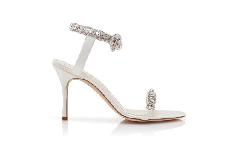 Side view of Asasan, Light Cream Satin Jewel Embellished Sandals - US$1,017.00