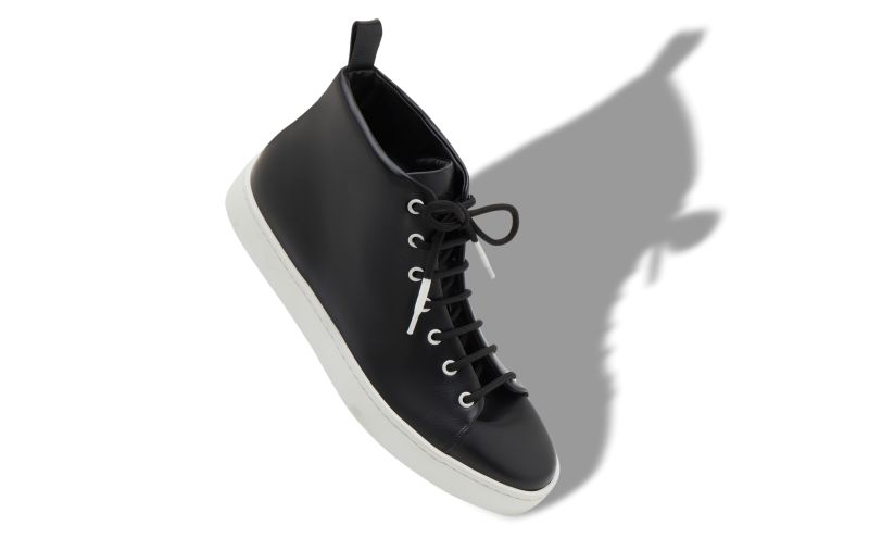 Designer Black Calf Leather Lace Up Sneakers