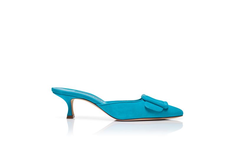 Side view of Maysale, Blue Suede Buckle Detail Mules - US$915.00