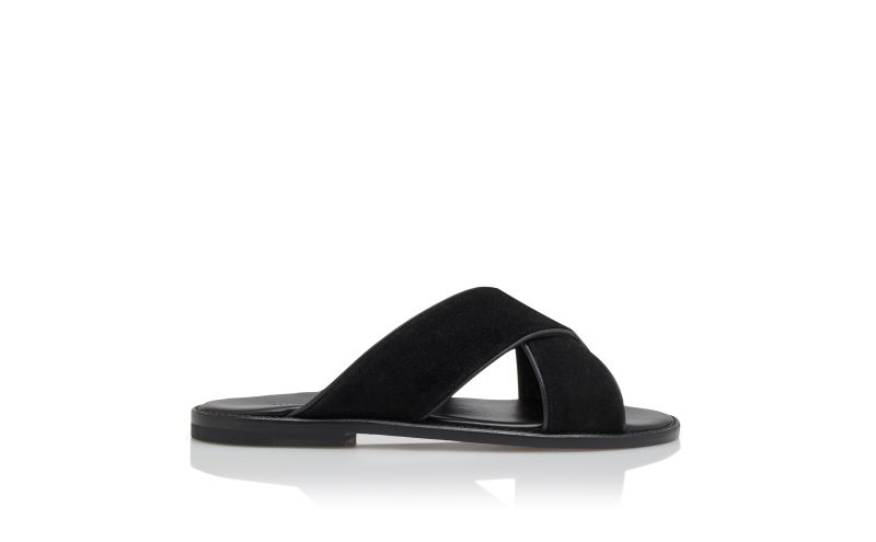 Side view of Designer Black Calf Suede Sandals