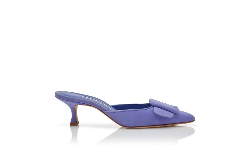Side view of Designer Blue Suede Buckle Mules