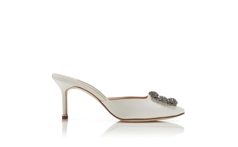 Side view of Hangisimu, Off-White Satin Jewel Buckle Mules - £845.00