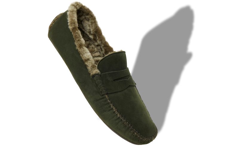 Kensington, Dark Green Suede Shearling Lined Loafers - US$775.00 