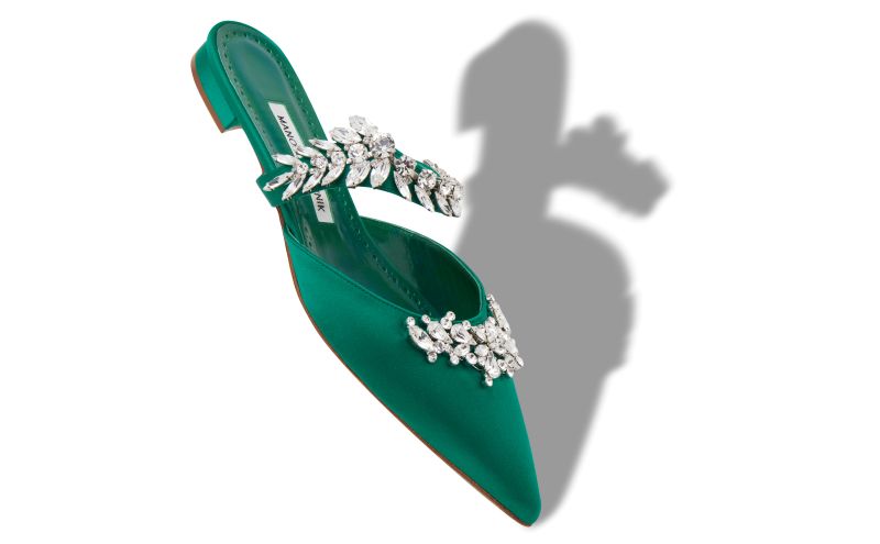 Designer Green Satin Crystal Embellished Flat Mules
