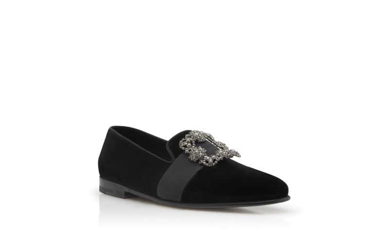 Designer Black Velvet Jewelled Buckle Loafers