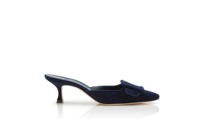 Side view of Maysale, Navy Blue Suede Kitten Heel Mules - £595.00