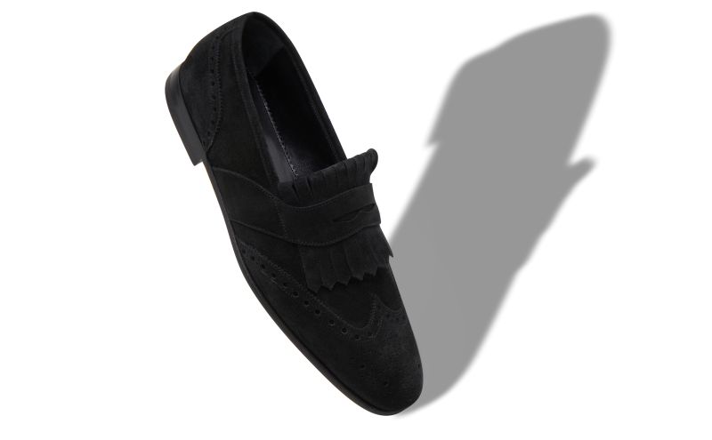 Agasio, Black Suede Kiltie Loafers - US$895.00 