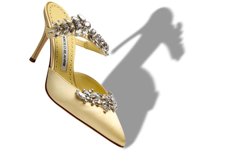 Lurum, Pale Yellow Satin Crystal Embellished Mules - US$1,395.00 