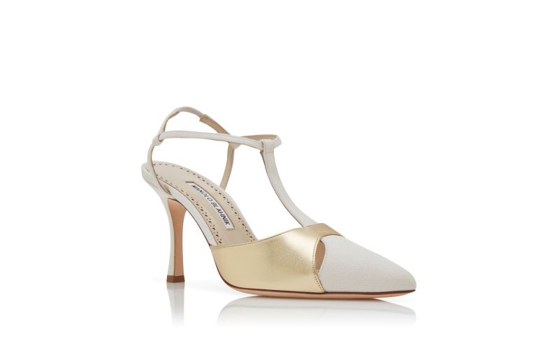 Turgimodhi, Cream and Gold Cotton T-Bar Pumps - US$945.00