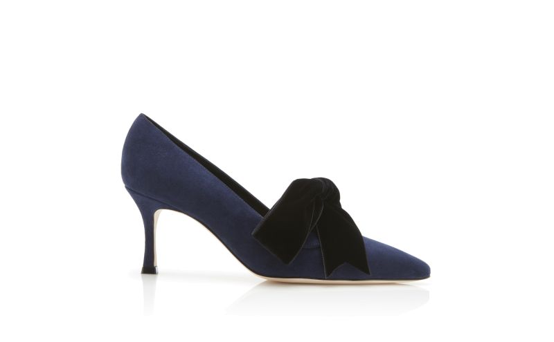 Side view of Serba, Navy Blue Suede and Velvet Bow Detail Pumps  - US$925.00