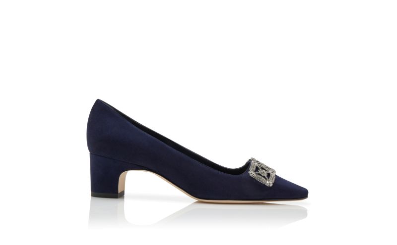 Side view of Silieraso, Navy Blue Suede Jewel Embellished Pumps - US$1,175.00