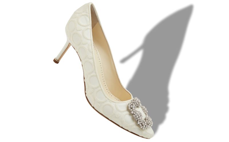 Hangisi 70, White Silk Jewel Buckle Pumps - US$1,350.00 