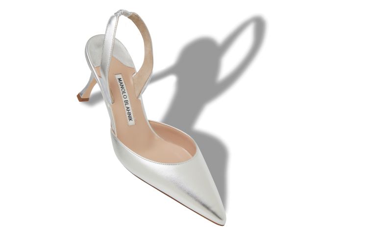 Carolyne 70, Silver Nappa Leather Slingback Pumps - US$795.00 