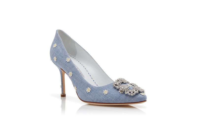 HANGISI 90, Blue and White Chambray Jewel Buckle Pumps, 1095 EUR