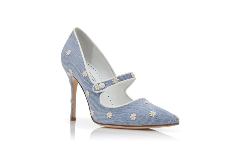 Camparinew, Blue and White Chambray Daisy Pumps - £675.00