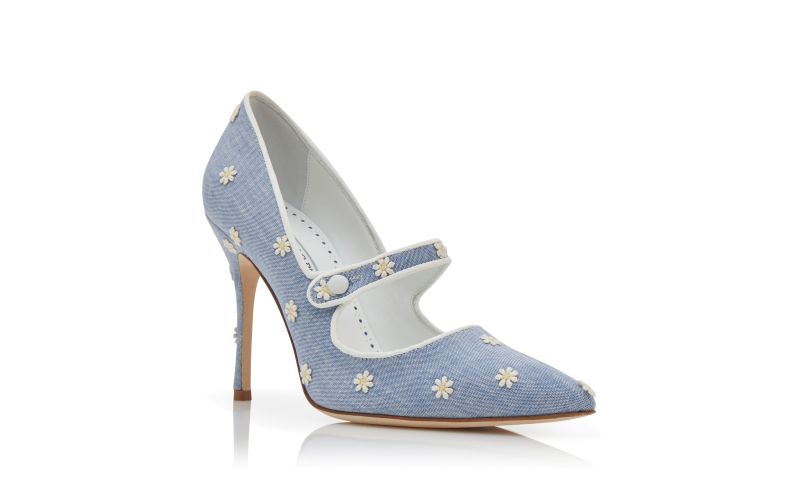 CAMPARINEW, Blue and White Chambray Daisy Pumps, 1385 AUD