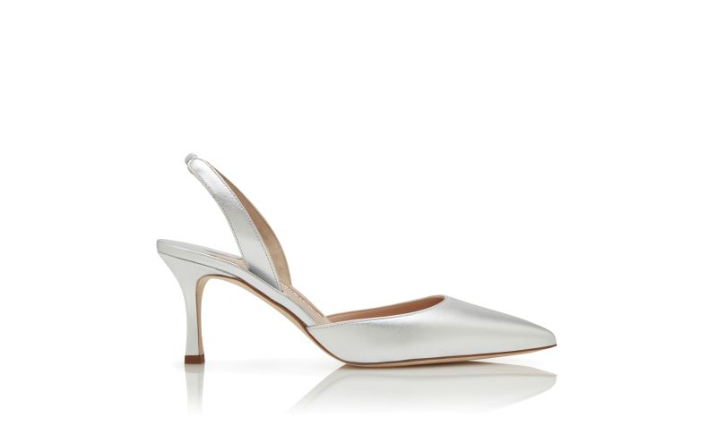 Side view of Carolyne 70, Silver Nappa Leather Slingback Pumps - US$795.00