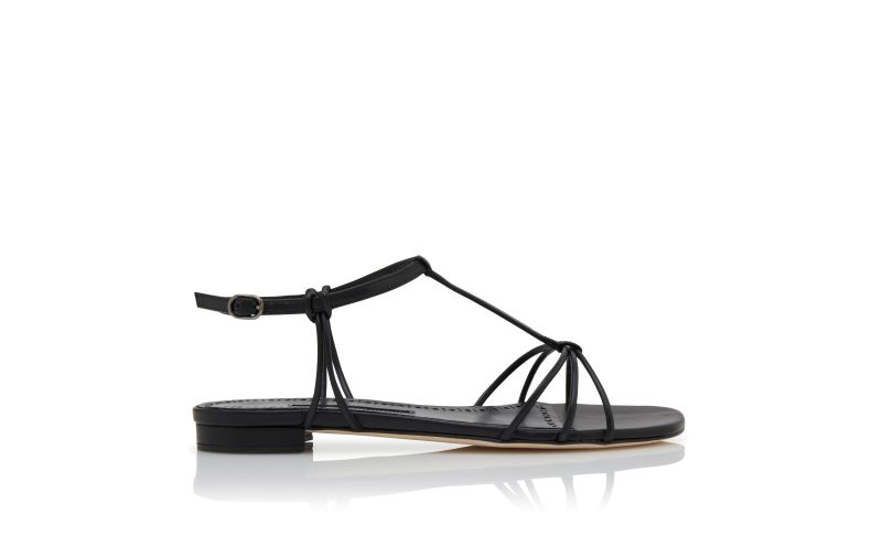 Side view of Tabarek, Black Nappa Leather Ankle Strap Flat Sandals - £575.00