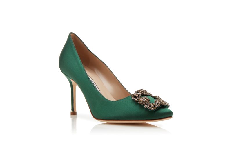 Hangisi 90, Green Satin Jewel Buckle Pumps  - €1,095.00