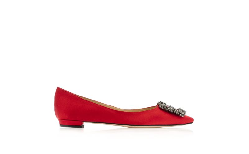 Side view of Hangisiflat, Red Satin Jewel Buckle Flat Pumps - US$1,095.00
