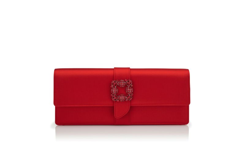 Side view of Designer Red Satin Jewel Buckle Clutch