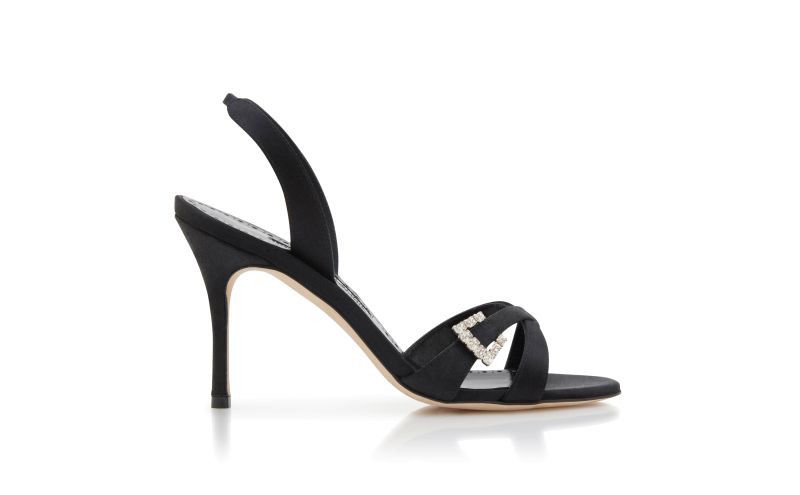Side view of Ramisli, Black Satin Slingback Sandals - US$567.00
