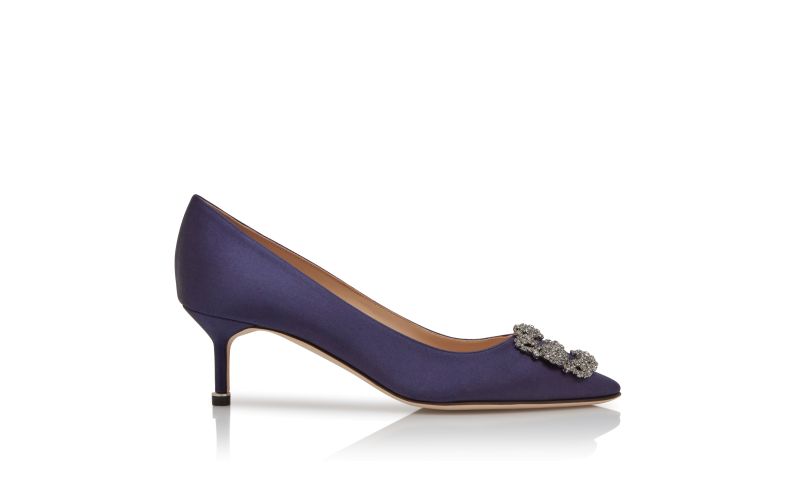 Side view of Hangisi 50, Dark Blue Satin Jewel Buckle Pumps - US$1,195.00