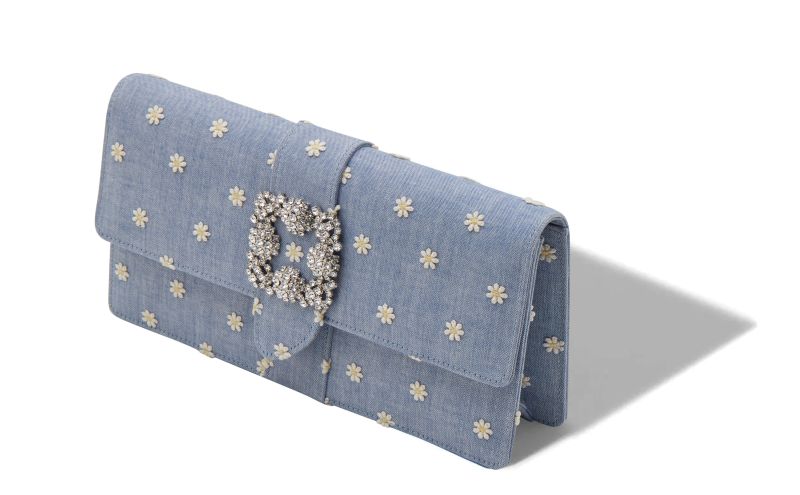 Capri, Blue and White Chambray Jewel Buckle Clutch - US$1,725.00 