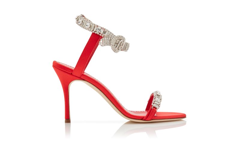 Side view of Asasan, Red Satin Jewel Embellished Sandals - US$1,017.00