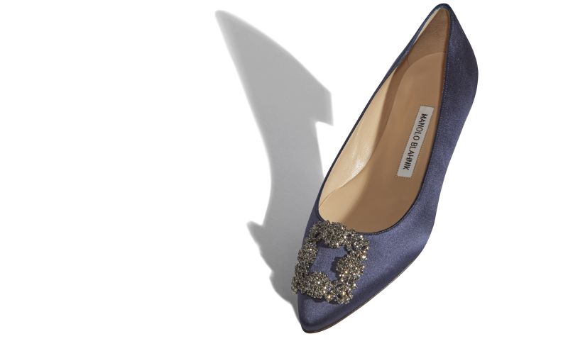 Hangisiflat, Navy Satin Jewel Buckle Flat Pumps - £845.00