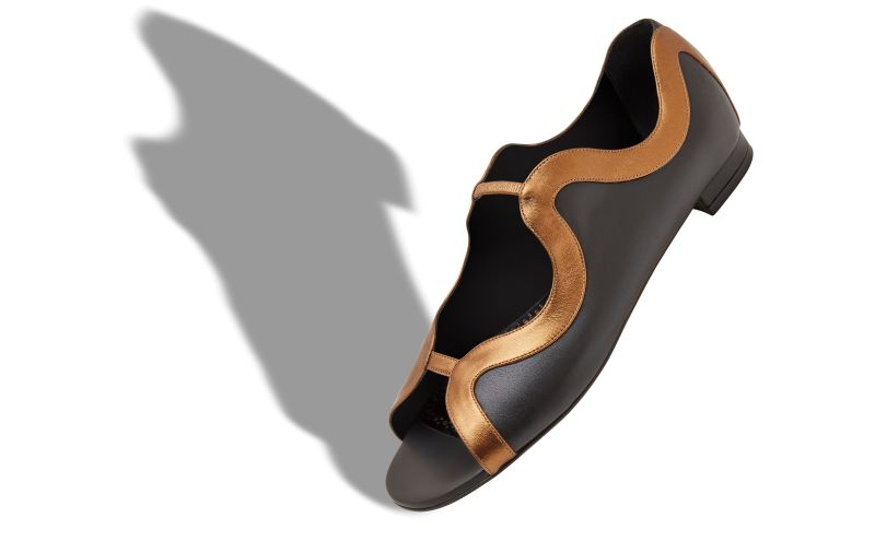 CHILKI, Black and Bronze Nappa Leather Flat Sandals, 1045 USD
