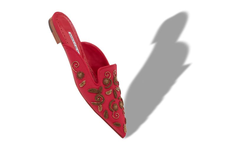 Designer Red and Gold Crepe De Chine Flat Mules