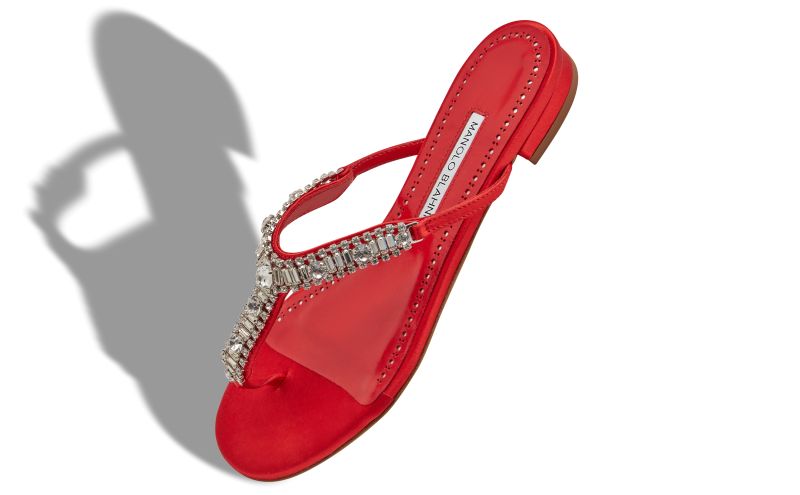Feona, Red Satin Jewel Embellished Flat Sandals - US$741.00