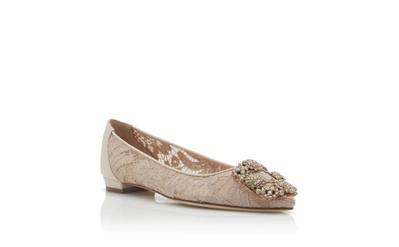 Hangisiflat lace, Pink Champagne Lace Jewel Buckle Flat Pumps - AU$1,985.00