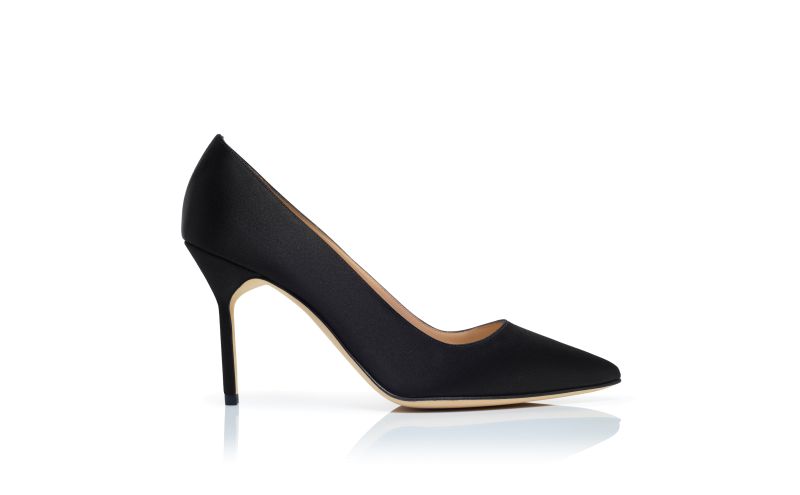 Side view of Bb 90, Black Satin Pointed Toe Pumps - US$865.00