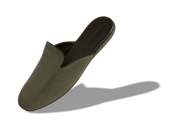 Designer Khaki Green Suede Slippers
