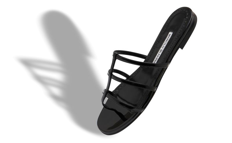 Designer Black Patent Leather Strappy Flat Sandals 