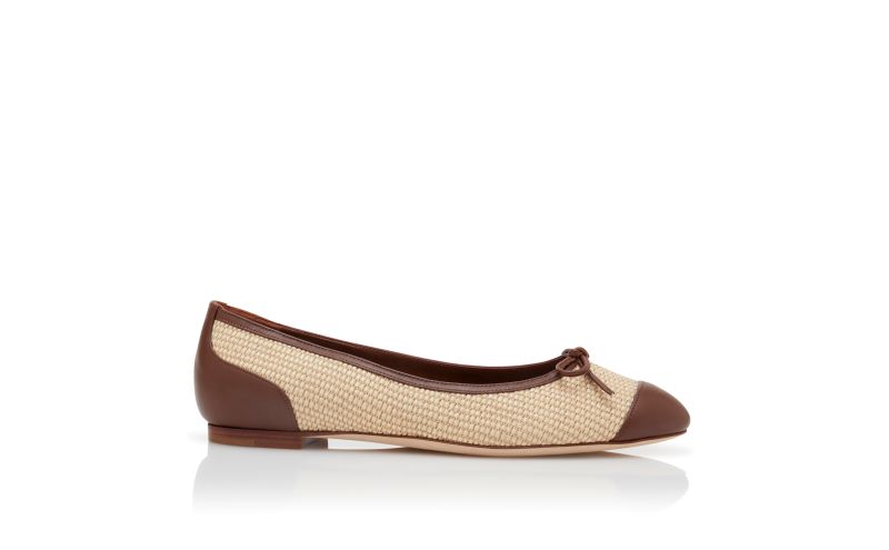 Side view of Capbal, Cream and Brown Raffia Ballerina Flats - US$438.00