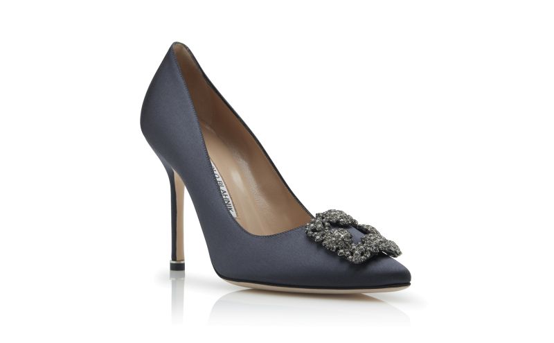 Designer Dark Grey Satin Jewel Buckle Pumps