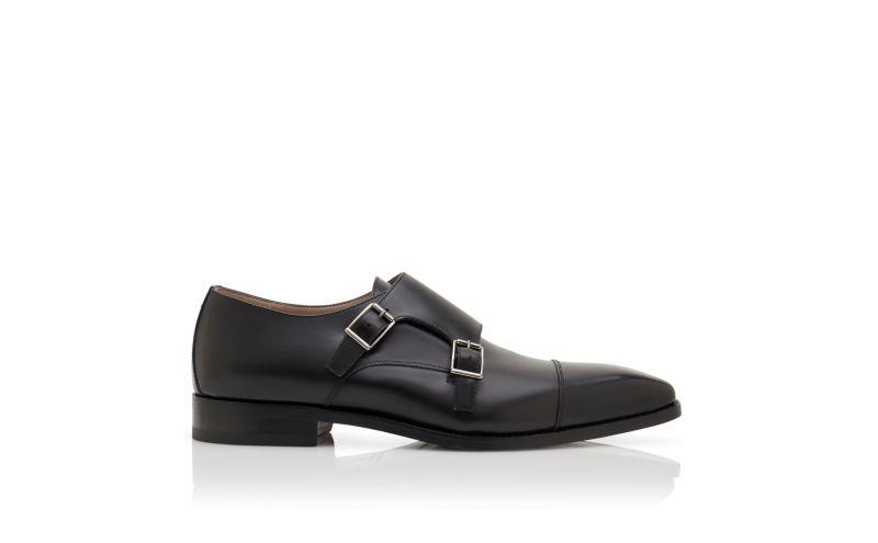 Side view of Designer Black Calf Leather Monk Strap Shoes
