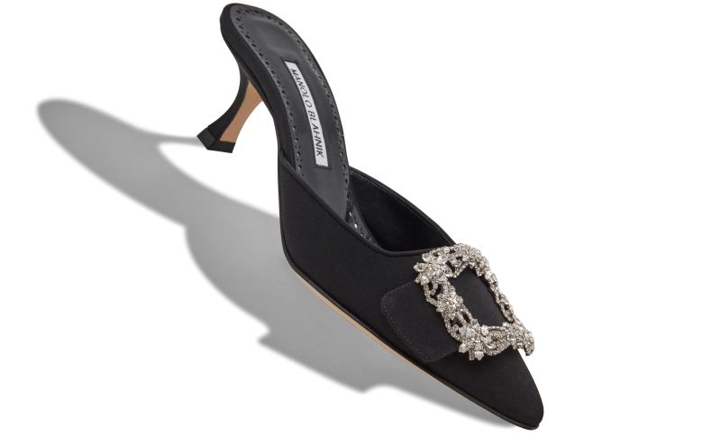 Maysale jewel, Black Crepe De Chine Crystal Buckle Mules - US$1,145.00