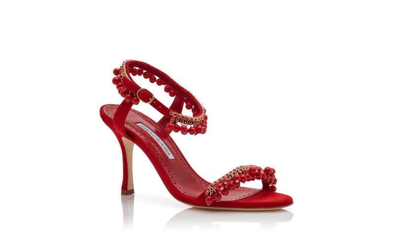 Ravellanu, Red Suede Jewel Embellished Sandals  - US$1,017.00