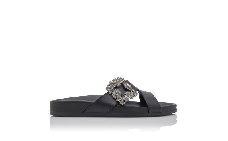 Side view of Chilanghi, Black Calf Leather Jewel Buckle Flat Mules - US$1,195.00