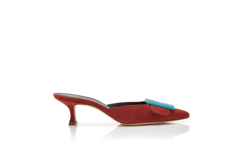 Side view of Designer Red and Light Blue Suede Buckle Mules