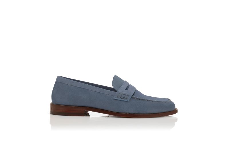 Side view of Perry, Blue Suede Penny Loafers - AU$1,455.00