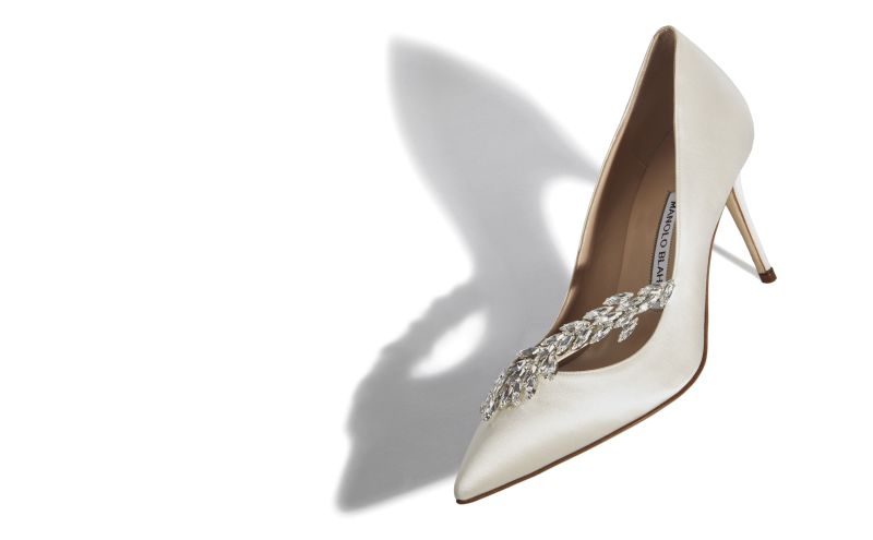 Designer White Satin Jewel Buckle Pumps