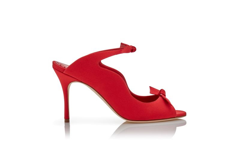 Side view of Fiocchetti, Red Crepe De Chine Scalloped Mules - €795.00