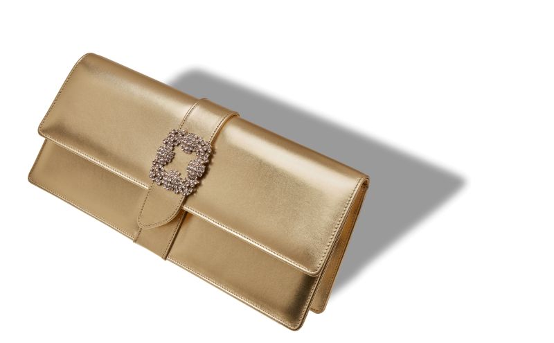 Designer Gold Nappa Leather Jewel Buckle Clutch