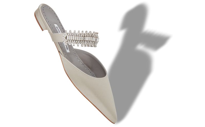 Lutaraflat, Light Grey Satin Crystal Embellished Flat Mules - £975.00 